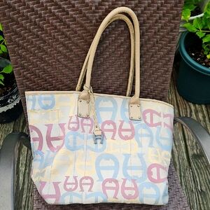 Etienne Aigner Beige and Multicolor Logo Large Canvas Tote W/ Handtag Y2K